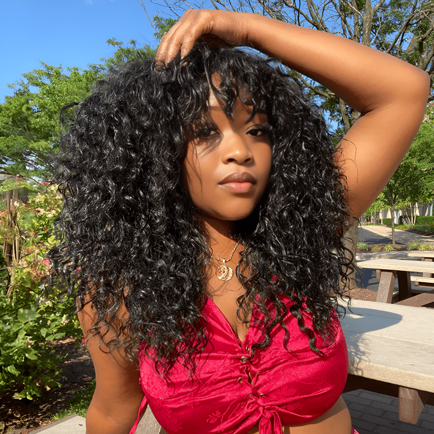 Frovia Wear & Go Human Hair Blend Curly Wig With Bangs