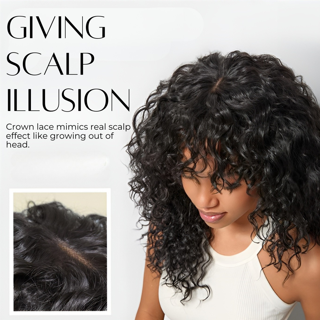 Frovia Wear & Go Human Hair Blend Curly Wig With Bangs
