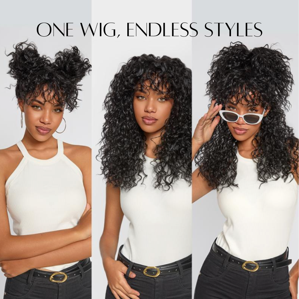 Frovia Wear & Go Human Hair Blend Curly Wig With Bangs