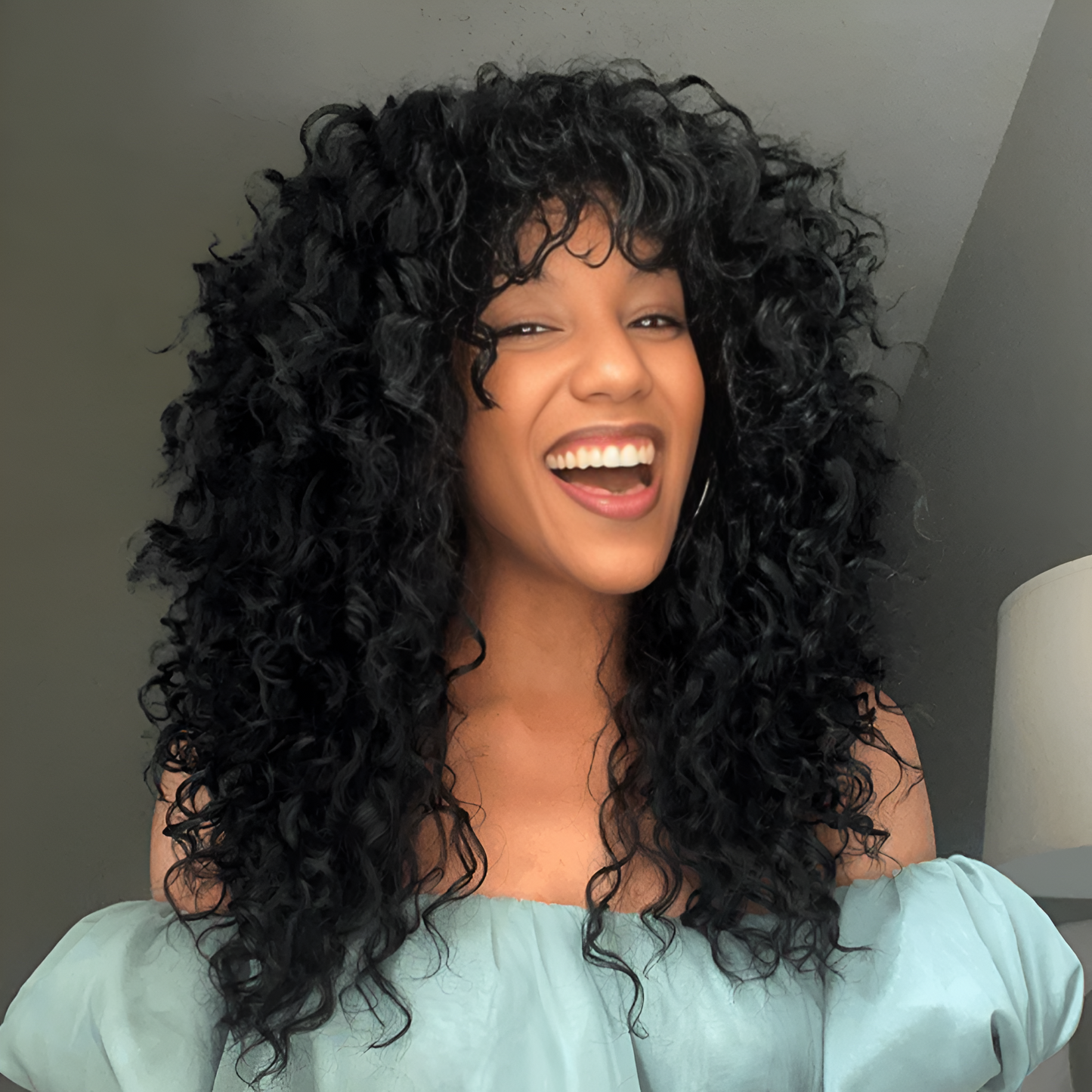 Frovia Wear & Go Human Hair Blend Curly Wig With Bangs