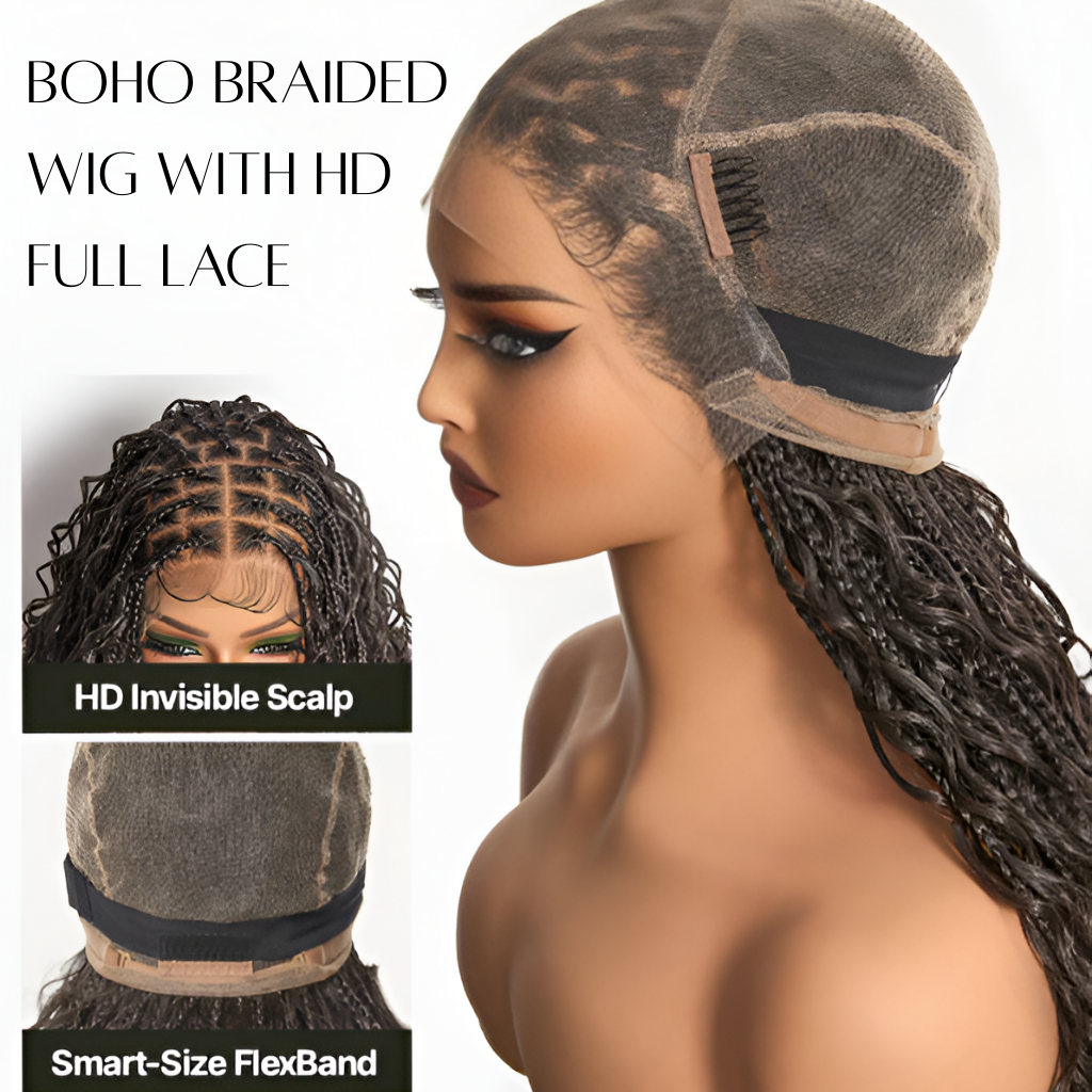 30" Full Lace Boho Braid Wig - Grid Part Top with Mixed Boho Curls
