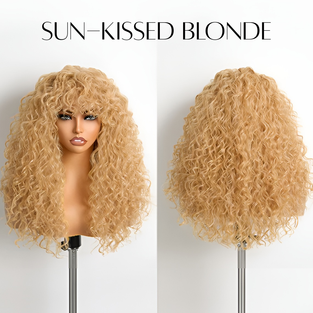 Frovia™ - Wear & Go Human Hair Blend Curly Wig With Bangs