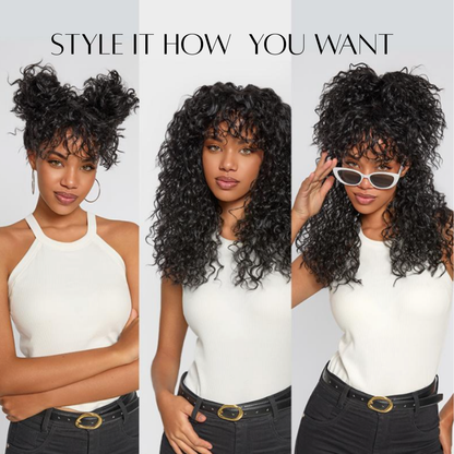 Frovia™ - Wear & Go Human Hair Blend Curly Wig With Bangs