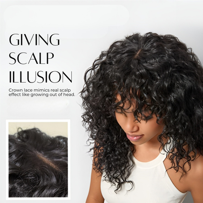 Frovia™ - Wear & Go Human Hair Blend Curly Wig With Bangs